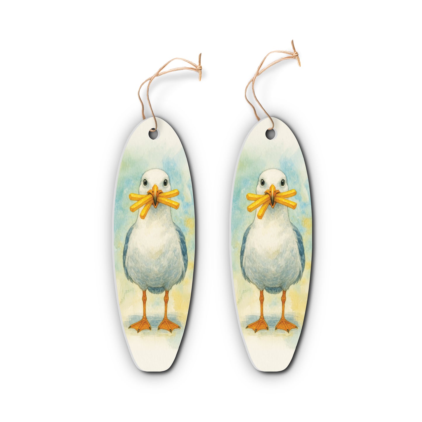 Seagull with French Fries Ornament 2 Pack – Surfboard Shaped PVC Beach Christmas Ornaments, Coastal Holiday Décor