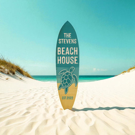 Custom Turtle Beach House Surfboard Sign – Personalized Nautical Wall Art, Coastal Home Decor, Sea Turtle Surf Board, Beach House Gift, 3 - 5 Feet