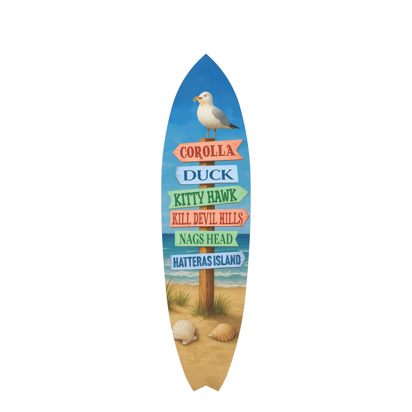 Outer Banks Surfboard Wall Art, Directional Beach Towns Sign with Seagull, Weather-Resistant PVC Coastal Decor