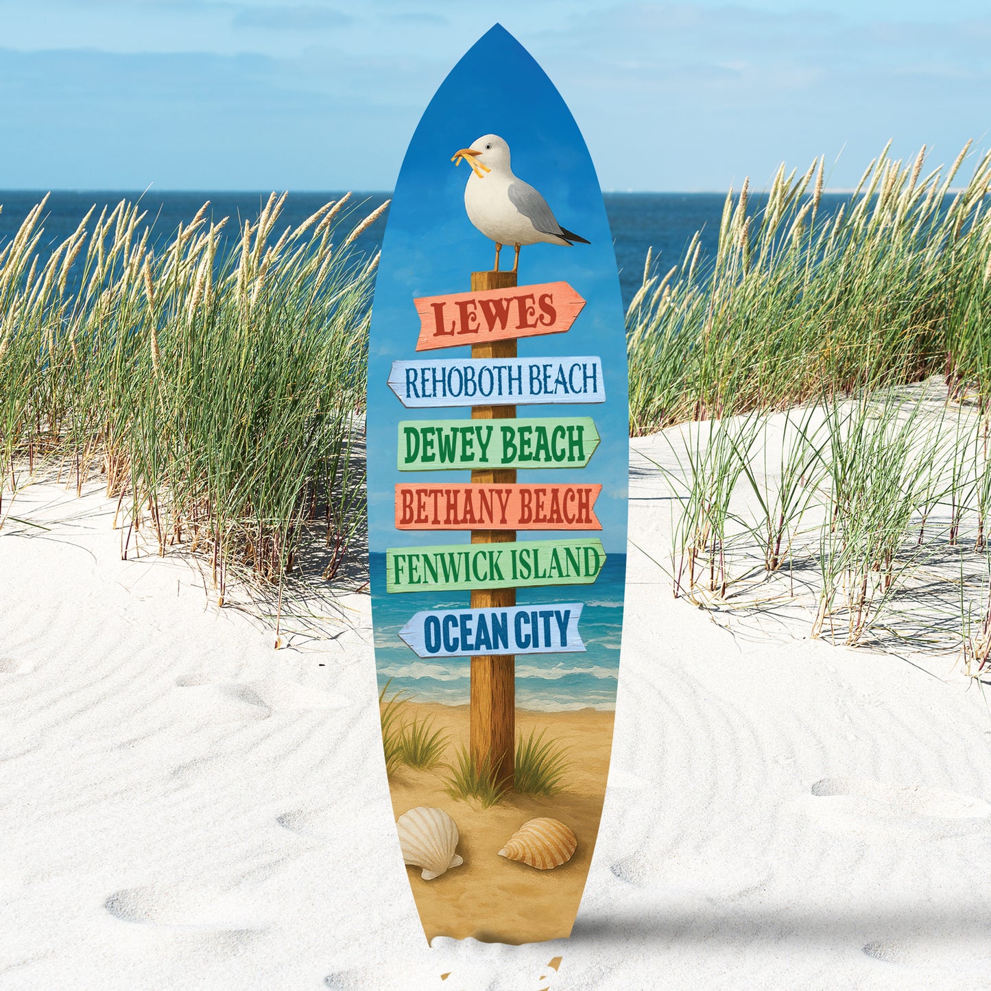Delaware Beaches Surfboard Wall Art – Coastal Directional Sign with Lewes, Rehoboth, Bethany, Dewey, Fenwick & Ocean City, Nautical Beach
