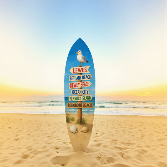 Delaware Beaches Surfboard Wall Art – Coastal Directional Sign with Lewes, Rehoboth, Bethany, Dewey, Fenwick & Ocean City, Nautical Beach