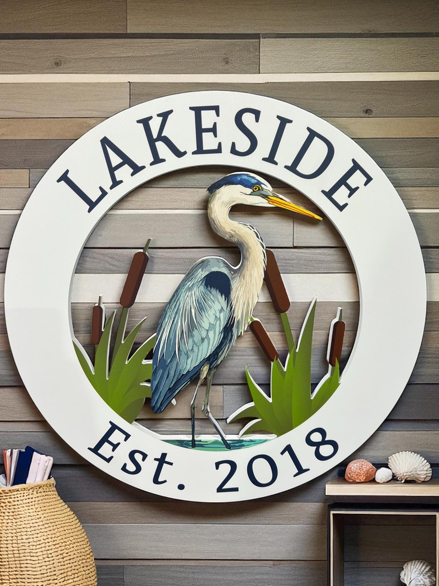 Custom Coastal Heron Sign - Beach House Wall Art - Personalized Round Outdoor Sign - Blue Heron PVC Decor - 2 or 3 Foot Sizes -Egret Outdoor