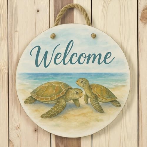 Turtle Front Door Welcome Sign – Nautical Beach Wreath Wall Hanging, Waterproof PVC Outdoor Decor, Coastal Porch Decoration, 16” Round