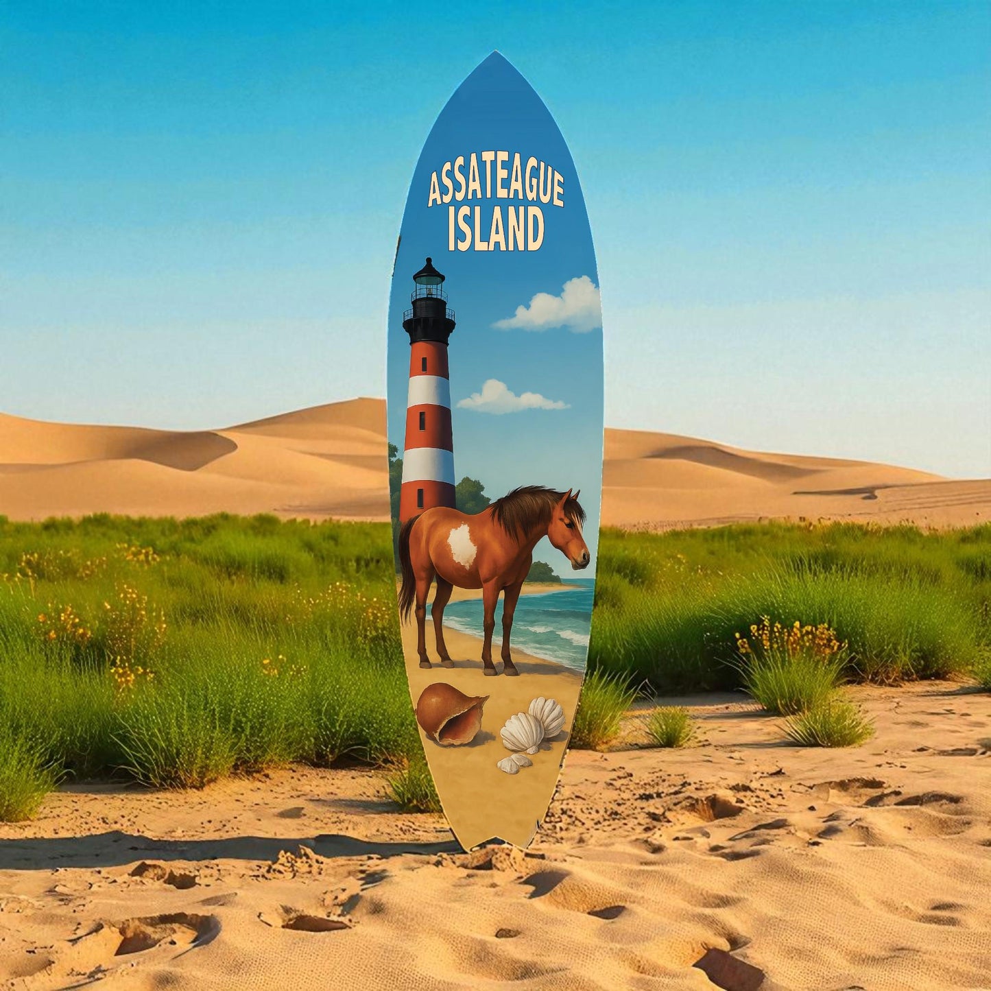 Assateague Island Surfboard Decor – Coastal Wall Art for Beach Lovers, Indoor Outdoor PVC Surf Board Sign, 3 - 5 Feet