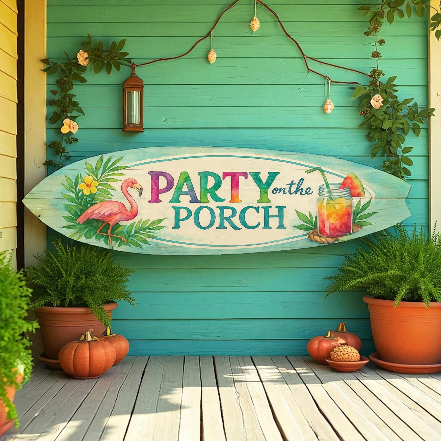 Party on the Porch Surfboard Wall Art – Indoor Outdoor PVC Porch Decor, Tropical Patio Sign, Flamingo Summer Decor, 3 - 5 Feet