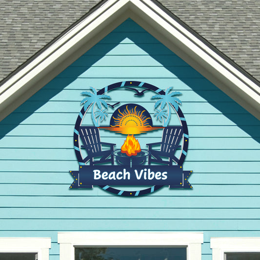 Customized Outdoor Beach House Sign, Weather Resistant, Beach Chairs Sunset Palm Trees Coastal Decor, 3 Foot