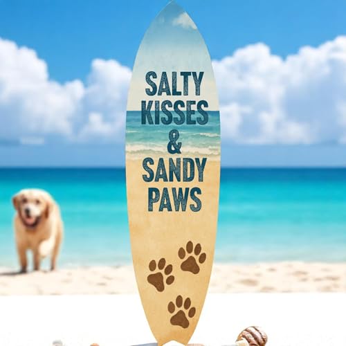 Outdoor Dog Surfboard Wall Decor – Coastal Pet Wall Art for Porch, Pool, Fence, PVC Beach House Decor for Dog Owners, Salty Kisses, 4 foot