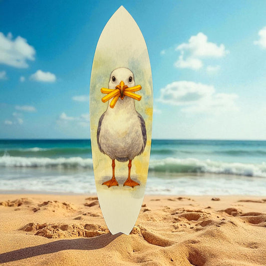 Seagull Surfboard Wall Art – Outdoor Coastal Beach Decor, Seagull with Fries, PVC Surfboard Sign