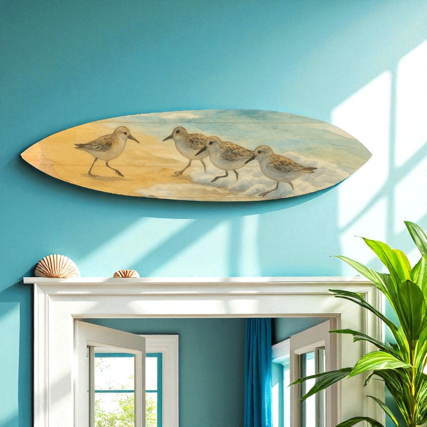 Shorebird Surfboard Wall Art – Beach House Decor with Sandpipers – Coastal Watercolor Surfboard Sign, Weather Resistant PVC Indoor Outdoor, 3 - 5 Feet