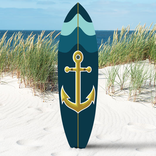 Outdoor Nautical Anchor Surfboard Wall Art, Navy Blue and Teal, Indoor Outdoor, Weather Resistant PVC, 3 - 5 Feet