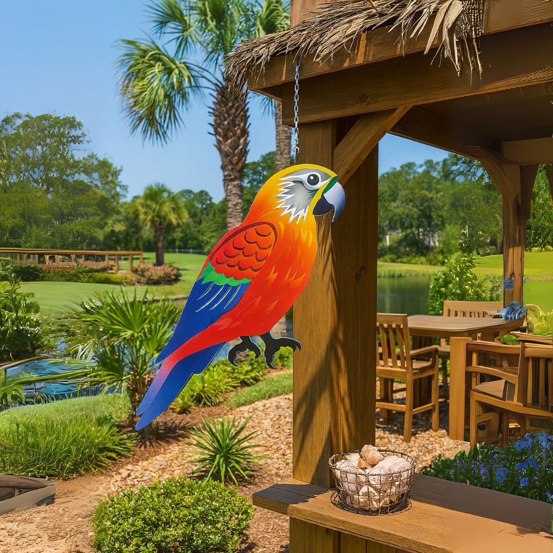 Parrot Decor Outdoor Tiki Bar Decorations, Colorful Tropical Bird Wall Art for Beach House, Patio Fence Garden Yard, Weather-Resistant PVC Sign