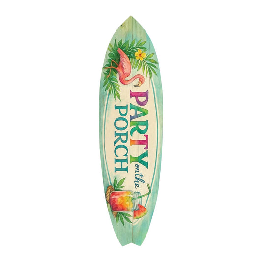 Party on the Porch Surfboard Wall Art – Indoor Outdoor PVC Porch Decor, Tropical Patio Sign, Flamingo Summer Decor
