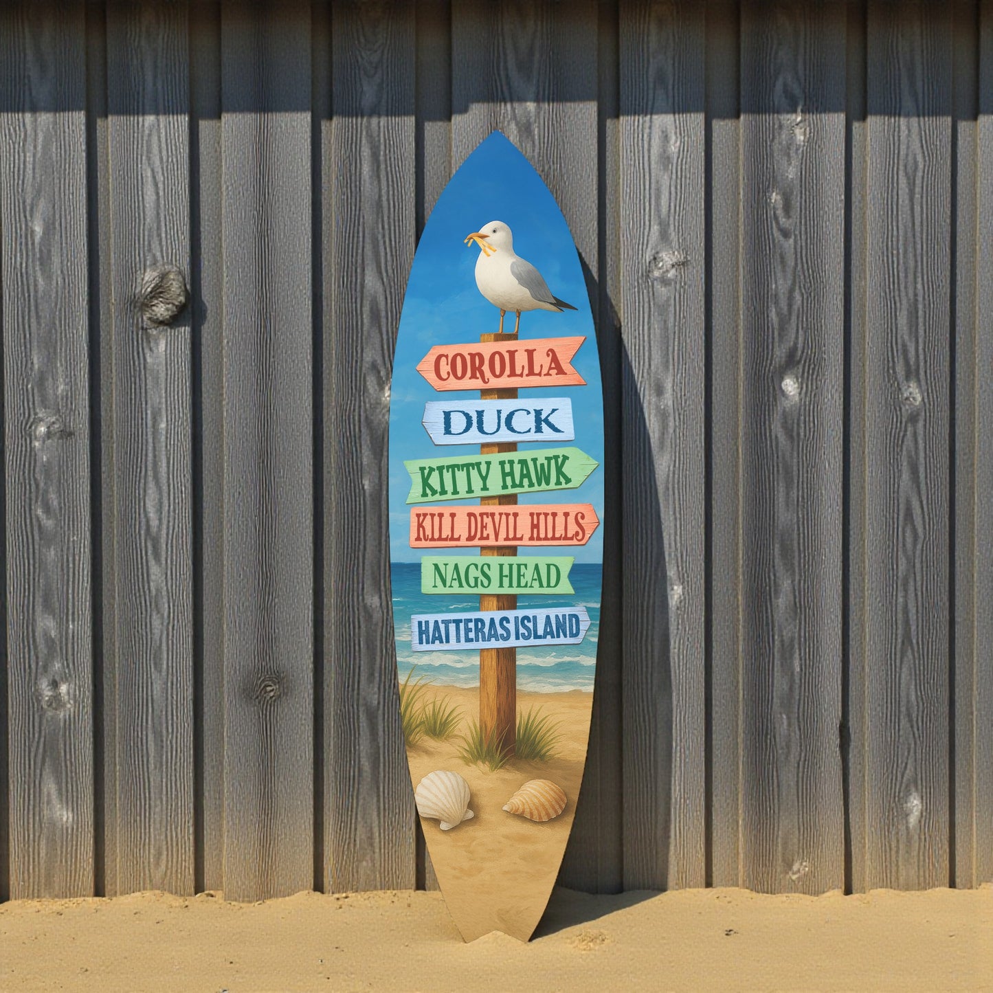 Outer Banks Surfboard Wall Art, Directional Beach Towns Sign with Seagull, Weather-Resistant PVC Coastal Decor