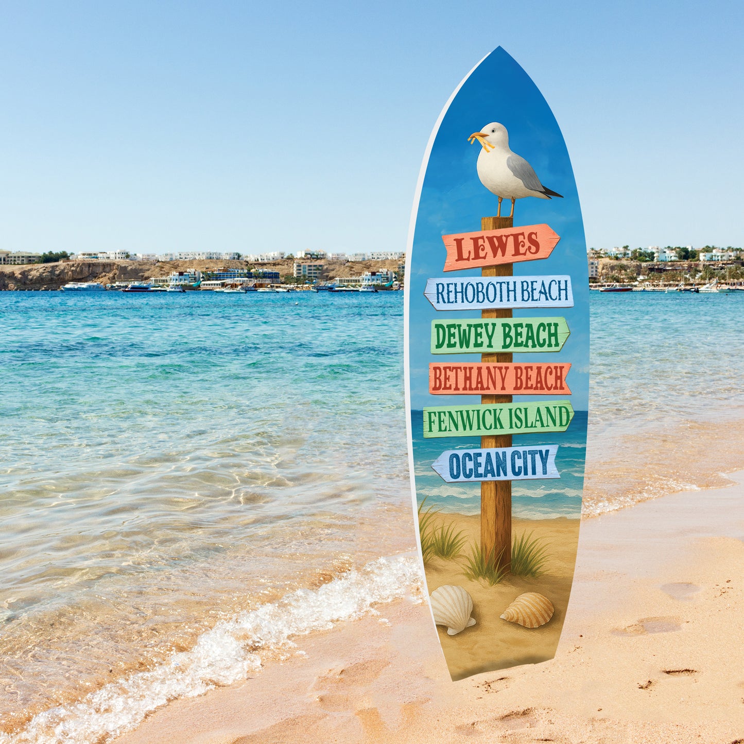 Delaware Beaches Surfboard Wall Art – Coastal Directional Sign with Lewes, Rehoboth, Bethany, Dewey, Fenwick & Ocean City, Nautical Beach