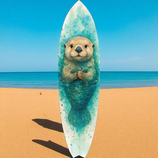Sea Otter Surfboard Wall Art – Watercolor Surfboard for Kids or Adults – PVC Indoor Outdoor Coastal Animal Decor – Ocean Nursery Sign, 3 - 5 Feet