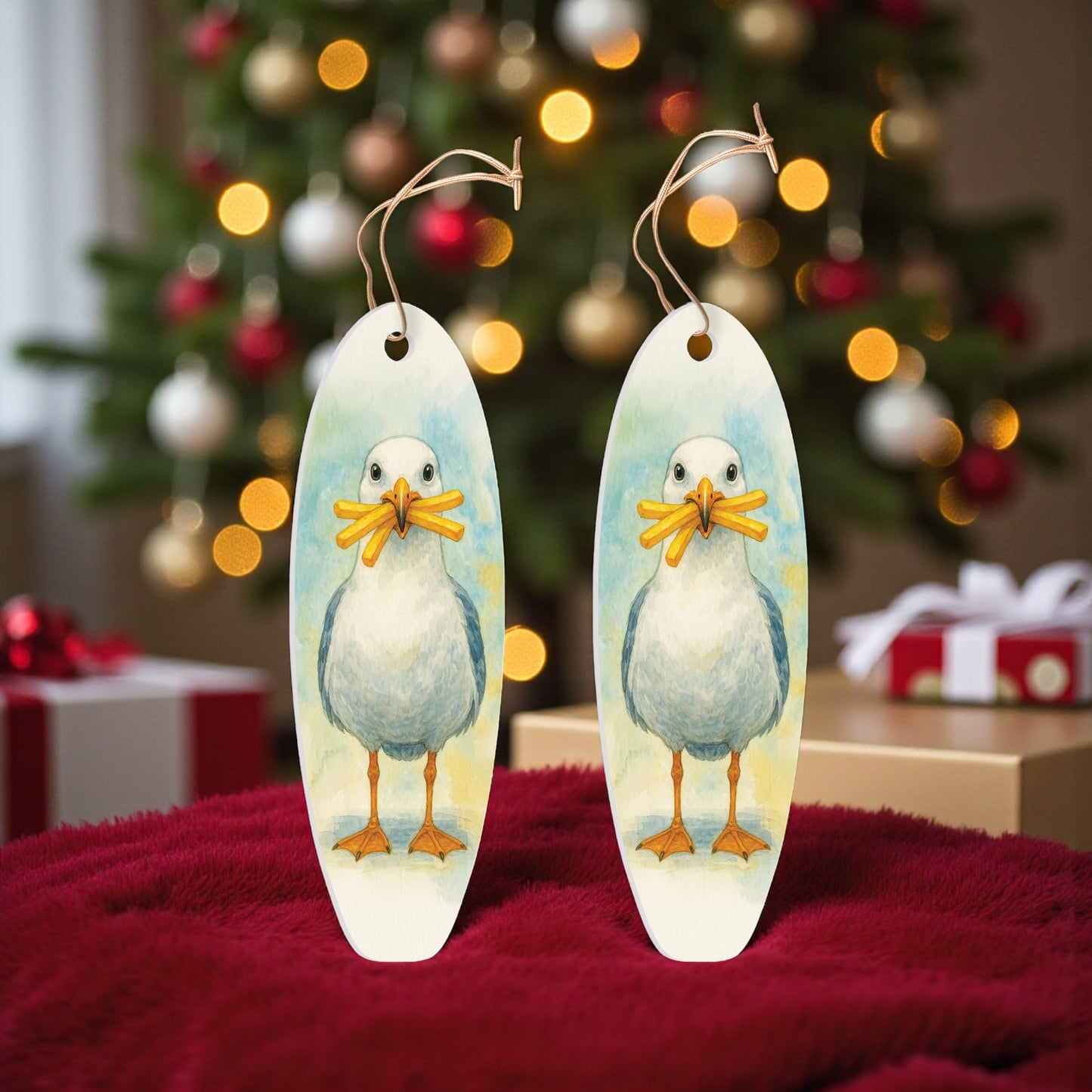 Seagull with French Fries Ornament 2 Pack – Surfboard Shaped PVC Beach Christmas Ornaments, Coastal Holiday Décor