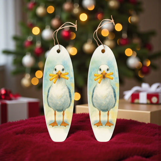 Seagull with French Fries Ornament 2 Pack – Surfboard Shaped PVC Beach Christmas Ornaments, Coastal Holiday Décor