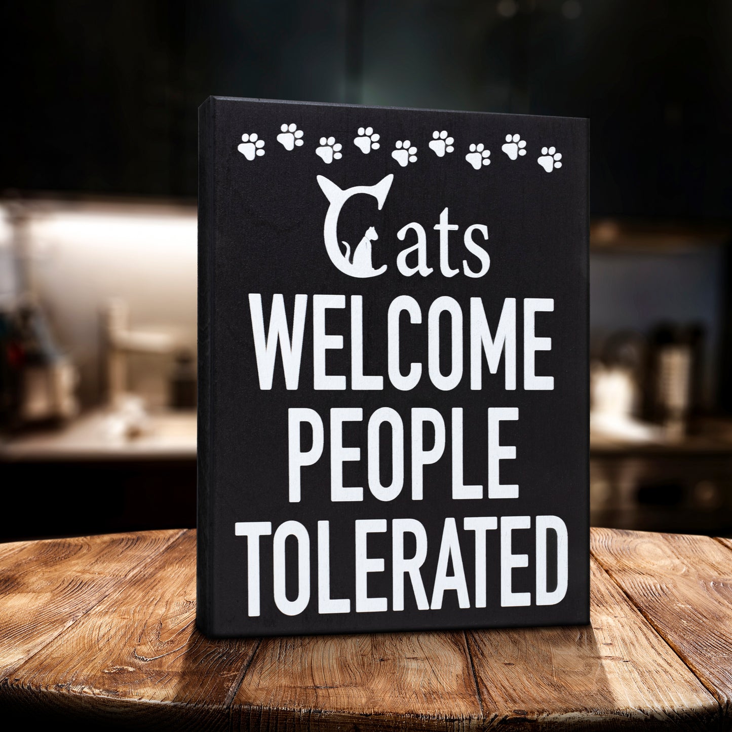 JennyGems Cats Welcome People Tolerated Sign – Funny Cat Lover Gift for Women and Men Rustic Wooden Wall Shelf Decor - Cat Wall Art for Home Farmhouse and Christmas Gift