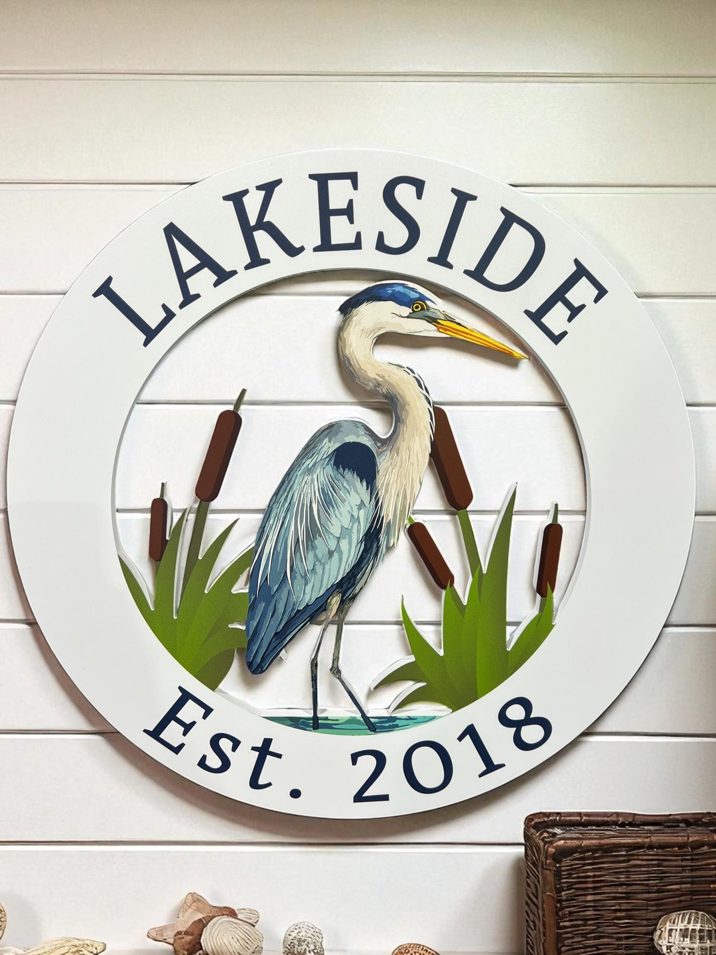 Custom Coastal Heron Sign - Beach House Wall Art - Personalized Round Outdoor Sign - Blue Heron PVC Decor - 2 or 3 Foot Sizes -Egret Outdoor