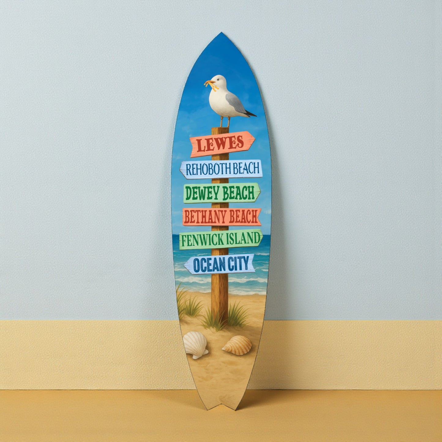 Delaware Beaches Surfboard Wall Art – Coastal Directional Sign with Lewes, Rehoboth, Bethany, Dewey, Fenwick & Ocean City, Nautical Beach