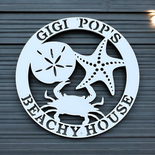 Custom Coastal Beach House Sign – 30” Round Outdoor PVC Wall Art with Crab, Starfish & Sand Dollar – Personalized Nautical Home Decor Porch