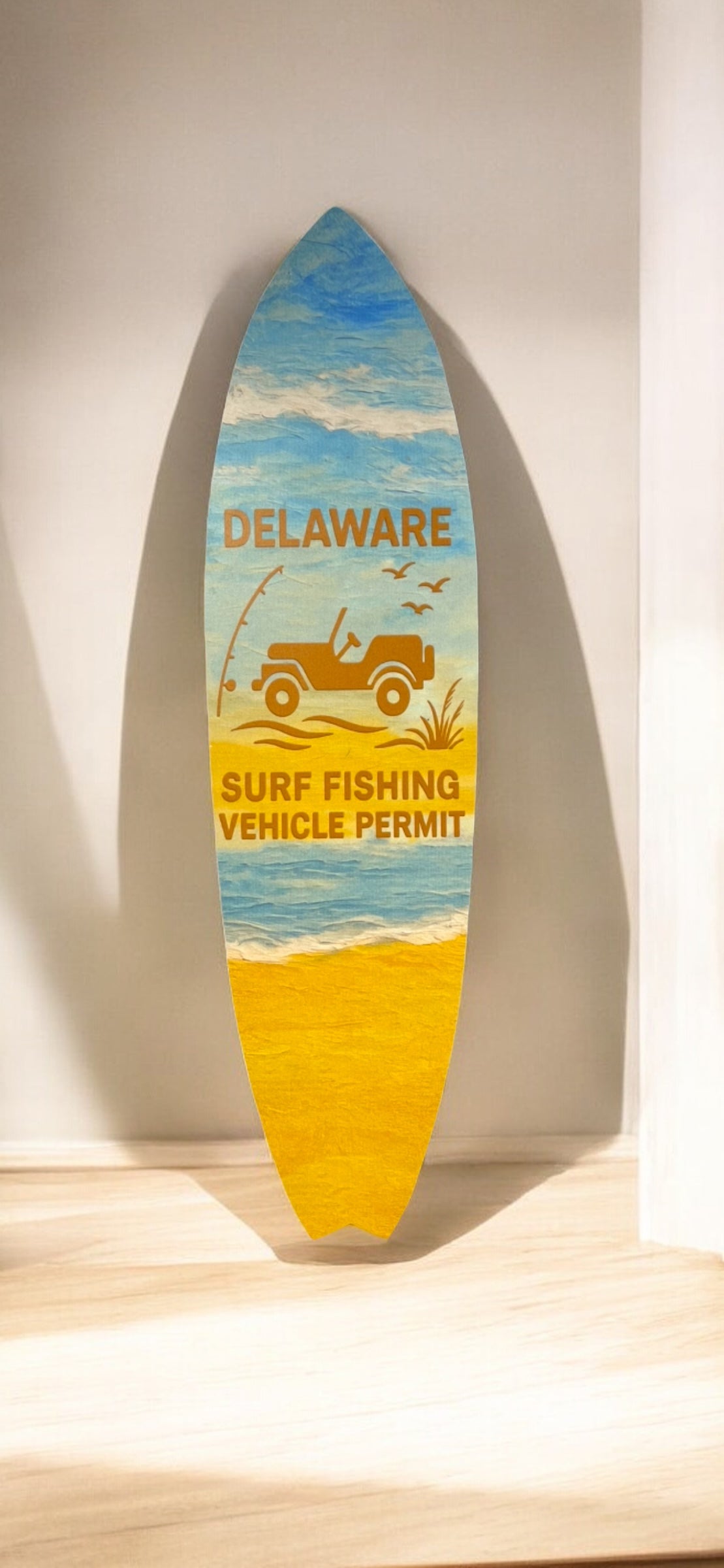 Delaware Surf Fishing Permit Surfboard Sign – Coastal Beach Wall Art – PVC Outdoor Decor for Porch, Fence, or Garage – 3 - 5 Feet