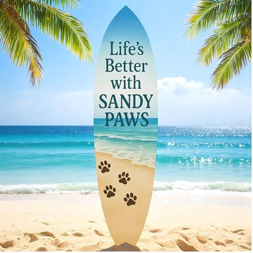 Outdoor Dog Surfboard Wall Decor – Coastal Pet Wall Art for Porch, Pool, Fence, PVC Beach House Decor for Dog Owners, Life's Better Sandy Paws, 5 foot