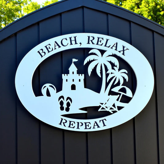 Beach House Sign – Beach Relax Repeat PVC Wall Art, Coastal Outdoor Decor, 36x24 Sandcastle Sign