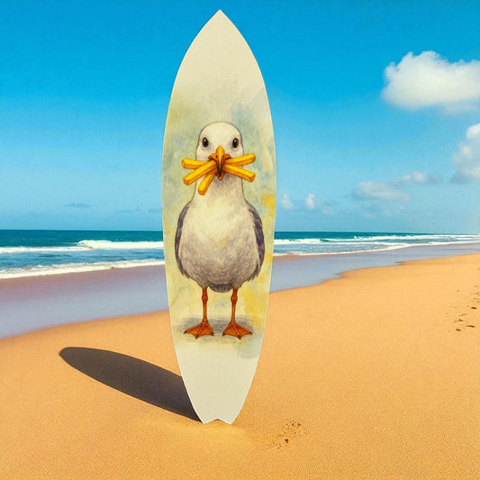Funny Seagull Surfboard Wall Art – Outdoor Coastal Beach Decor, Seagull with Fries, PVC Surfboard Sign – 2ft to 5ft Sizes