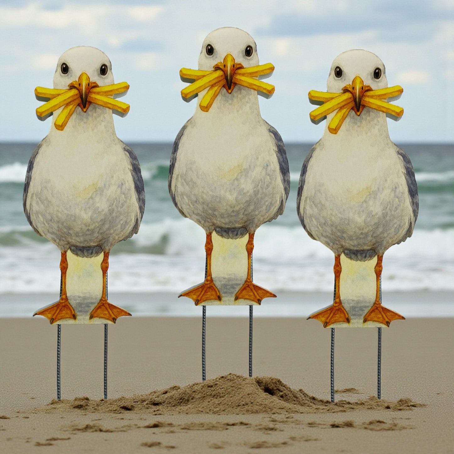 Seagull Yard Signs - Funny Beach Bird Lawn Decorations with French Fries, PVC Outdoor Decor with Metal Stakes, Coastal Garden Accent