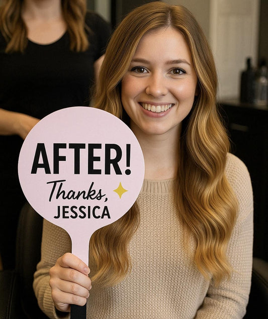 Before and After Hair Stylist Photo Prop Set | Salon Marketing Sign | Handheld PVC Mirror Sign | Client Reveal Sign for Stylists