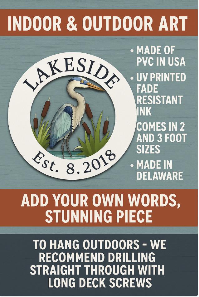 Custom Coastal Heron Sign - Beach House Wall Art - Personalized Round Outdoor Sign - Blue Heron PVC Decor - 2 or 3 Foot Sizes -Egret Outdoor