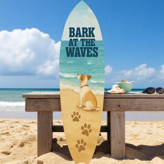 Outdoor Dog Surfboard Wall Decor – Coastal Pet Wall Art, PVC Beach House Decor for Dog Owners, Bark at Waves, 4 foot