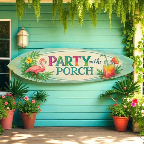 Party on the Porch Surfboard Wall Art – Indoor Outdoor PVC Porch Decor, Tropical Patio Sign, Flamingo Summer Decor, 3 - 5 Feet