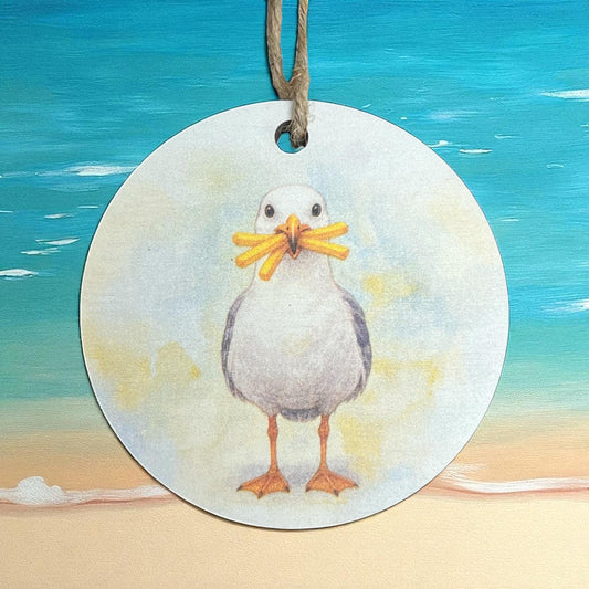 Seagull with French Fries Christmas Ornament – Coastal Beach Holiday Décor, 4” Round PVC Ornament, Nautical Tree Decoration