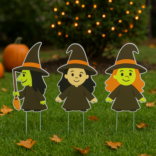 Set of 3 Halloween Witch Yard Stakes – 12” PVC Lawn Decorations – Outdoor Weatherproof, Made in USA – Cute Witches with Stakes