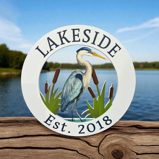 Custom Coastal Heron Sign - Beach House Wall Art - Personalized Round Outdoor Sign - Blue Heron PVC Decor - 2 or 3 Foot Sizes -Egret Outdoor
