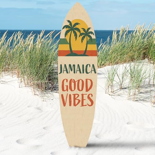 Outdoor Surfboard Wall Art Jamaica Good Vibes Sign with Sunset and Palm Trees, Beach House Tropical Coastal Decor Weatherproof PVC, 3-5 Feet