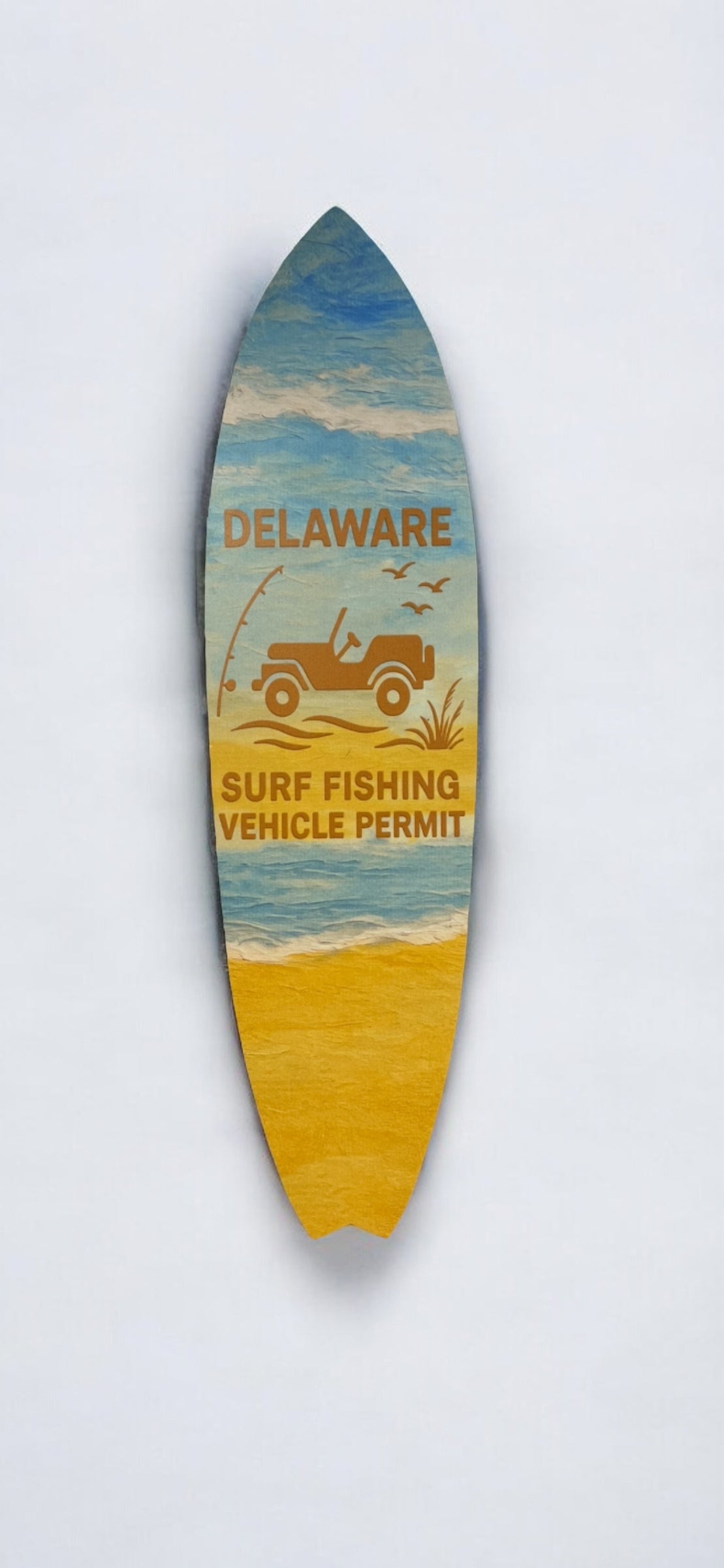 Delaware Surf Fishing Permit Surfboard Sign – Coastal Beach Wall Art – PVC Outdoor Decor for Porch, Fence, or Garage – 3 - 5 Feet