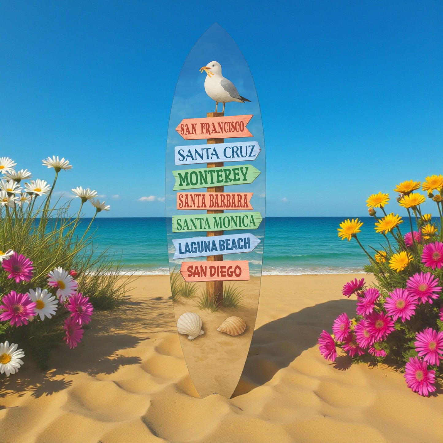 California Surfboard Wall Art - Beach Towns Sign, Indoor Outdoor PVC Coastal Décor