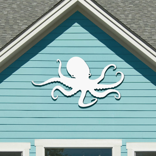 All-weather octopus PVC sign mounted on a beach house wall, featuring intricate nautical details in a weatherproof design.