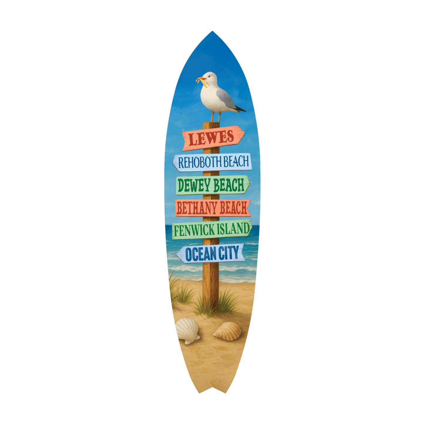 Delaware Beaches Surfboard Wall Art – Coastal Directional Sign with Lewes, Rehoboth, Bethany, Dewey, Fenwick & Ocean City, Nautical Beach