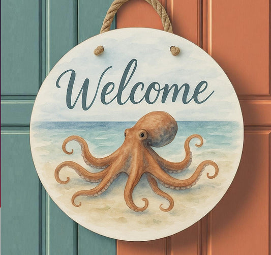 Octopus Welcome Door Hanger – 16" Round Nautical Beach Decor – Coastal PVC Sign with Rope – Outdoor Ocean Porch Wall Art