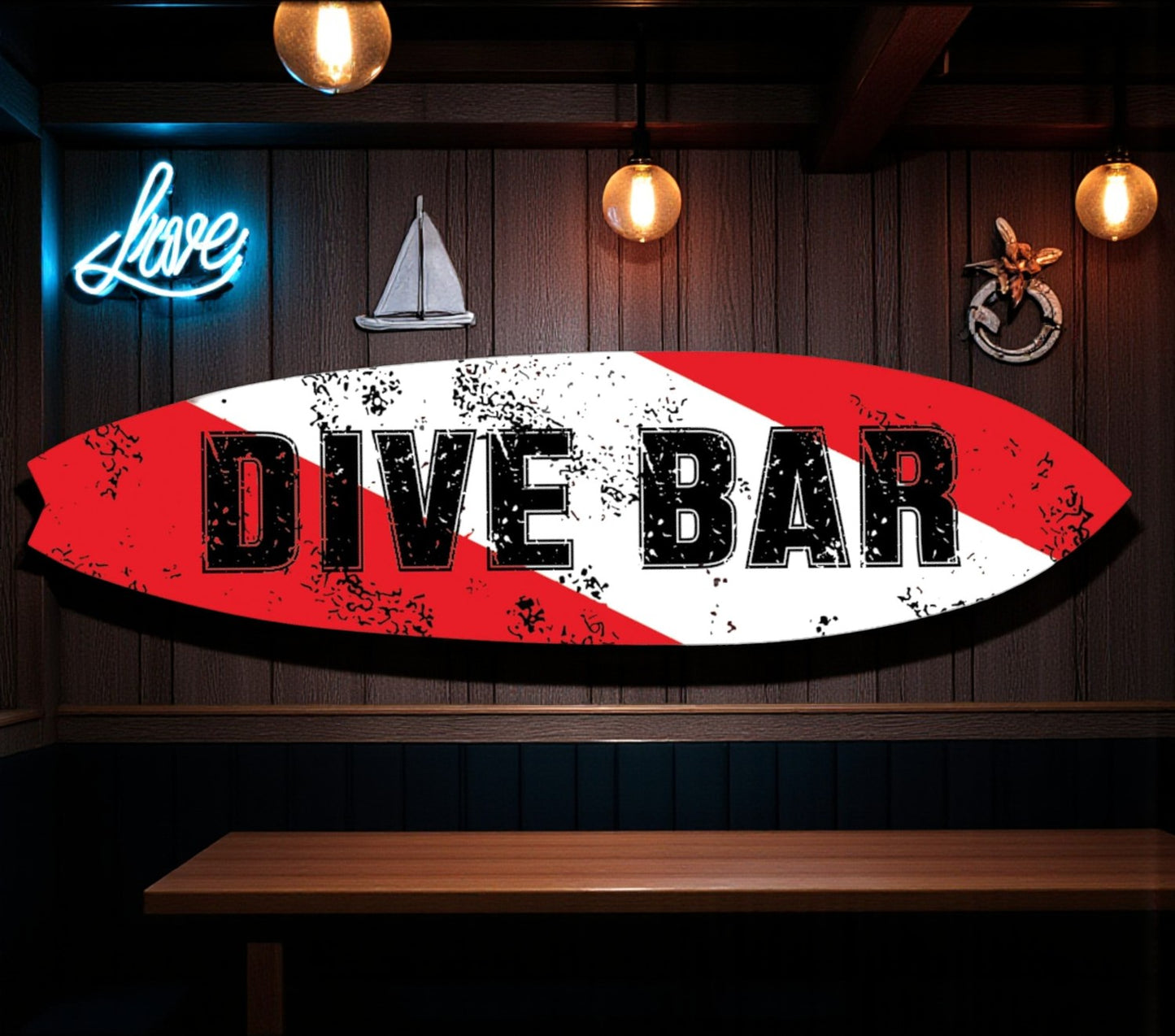 Dive Bar Surfboard Sign, Outdoor PVC Wall Art Beach Decor, Coastal Wall Hanging Weatherproof Decorative Surfboard for Bar Pool or Tiki Hut