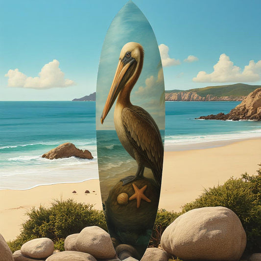 Pelican Surfboard Wall Art – Coastal Bird Decor – Artistic Ocean Surfboard Sign – Indoor Outdoor PVC – Beach House Nautical Wall Art, 3 - 5 Feet