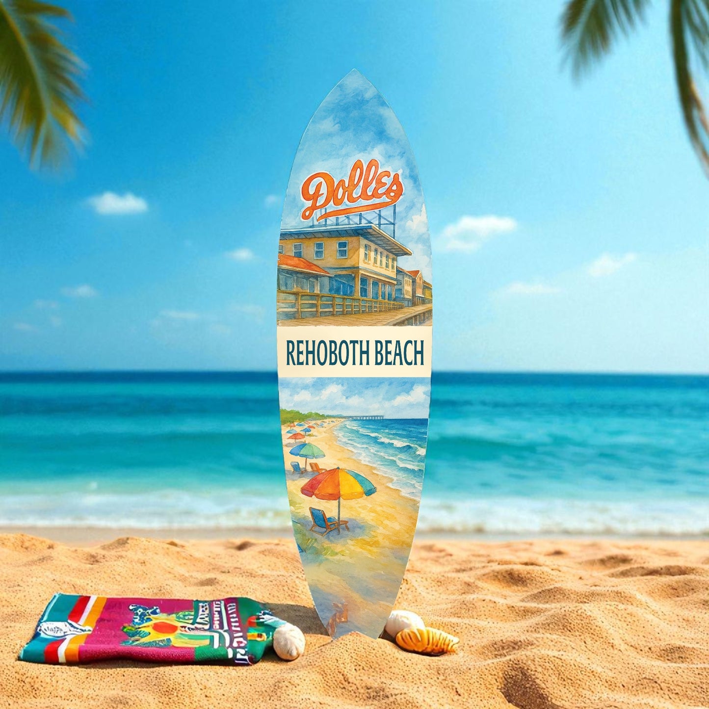 Rehoboth Beach Surfboard Wall Art – Dolles Salt Water Taffy Scene, Coastal Decor, Delaware Beach Sign, Outdoor Indoor PVC, 3 - 5 Feet