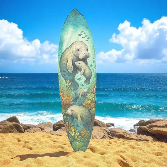 Manatee Surfboard Wall Art – Coastal PVC Beach Decor, Under the Sea Ocean Theme, Weatherproof Outdoor Surfboard Sign, 3 - 5 Feet