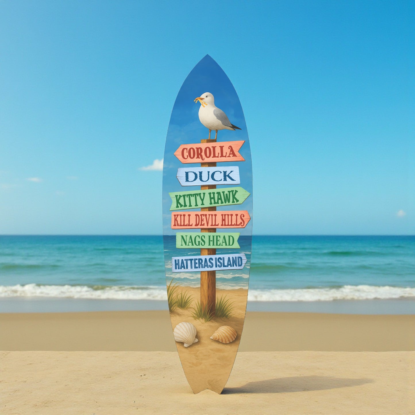 Outer Banks Surfboard Wall Art, Directional Beach Towns Sign with Seagull, Weather-Resistant PVC Coastal Decor