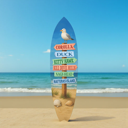 Outer Banks Surfboard Wall Art, Directional Beach Towns Sign with Seagull, Weather-Resistant PVC Coastal Decor