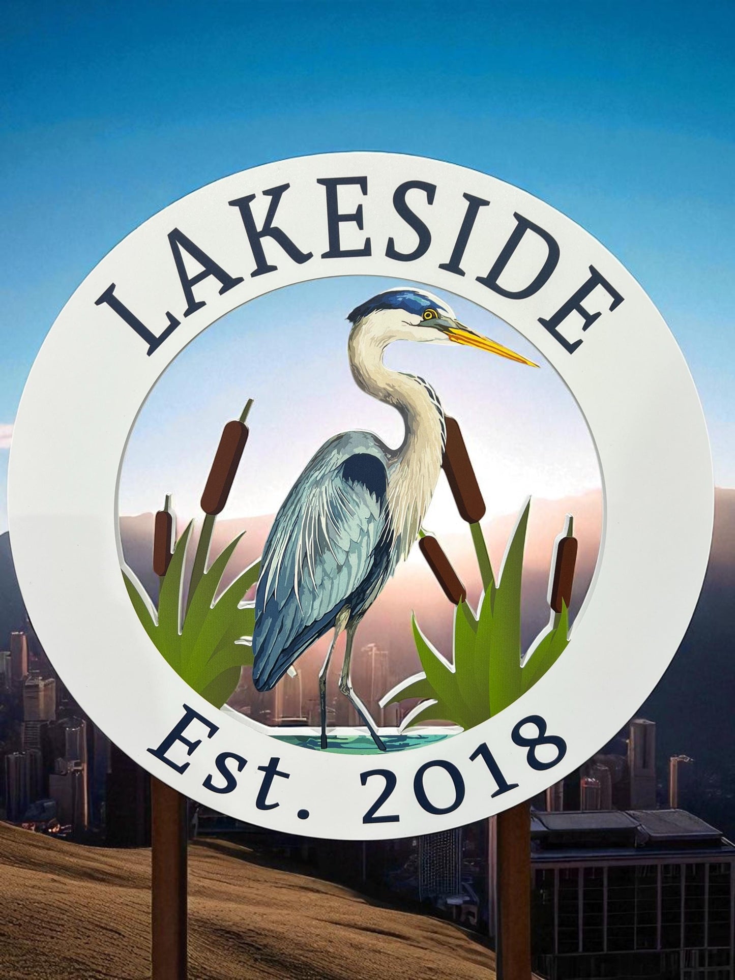 Custom Coastal Heron Sign - Beach House Wall Art - Personalized Round Outdoor Sign - Blue Heron PVC Decor - 2 or 3 Foot Sizes -Egret Outdoor